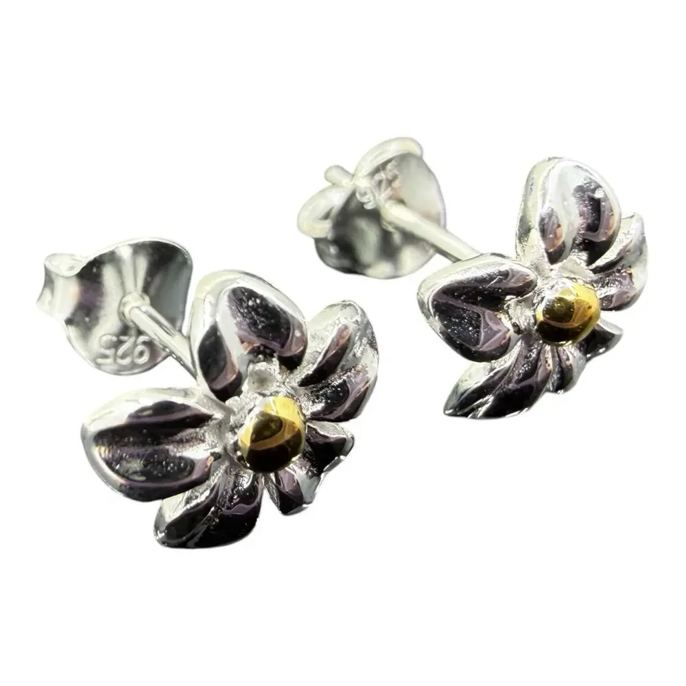 Daisy Stud Earrings 925 Sterling Silver Small Flowers Brass Accents